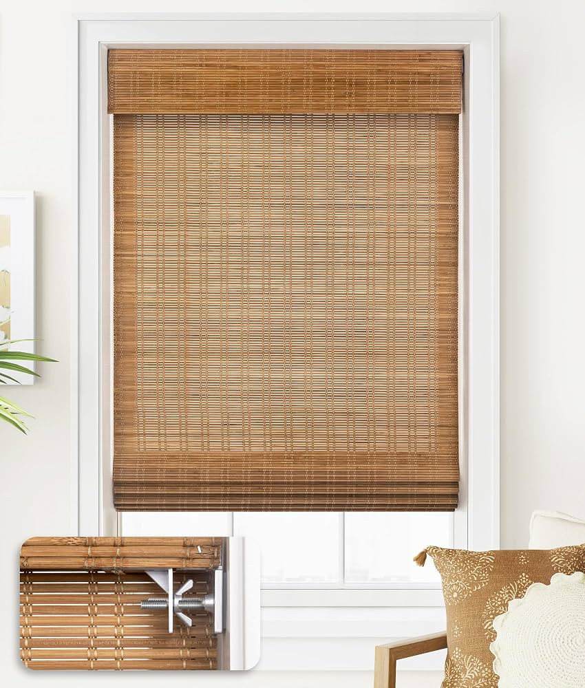 LazBlinds No Drill Bamboo Roman Shades, 34x64, Ceylon Light Russet | Amazon (US)