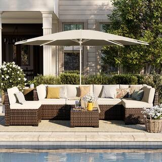 7-Piece Brown Wicker Patio Conversation Set with Khaki Cushions | The Home Depot
