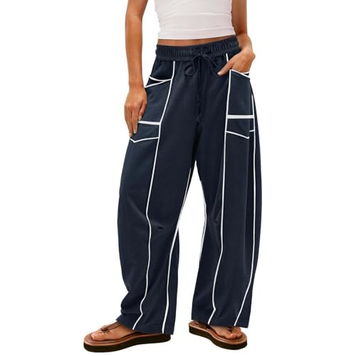 Barrel Sweatpants Women Baggy High Waisted Wide Leg Lounge Pants with Pockets Casual Loose Contrast Patchwork Pants Comfy Drawstring Waist Long and Tall Trousers Pantalones Anchos para Mujer | Amazon (US)