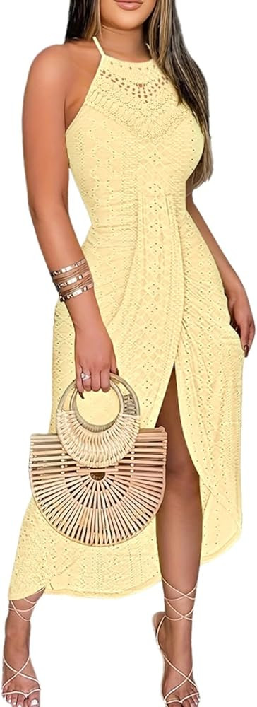 CHICME Womens Summer Halter Dress Hollow Out A Line Vacation Dresses with Eyelet Embroidery & Sid... | Amazon (US)