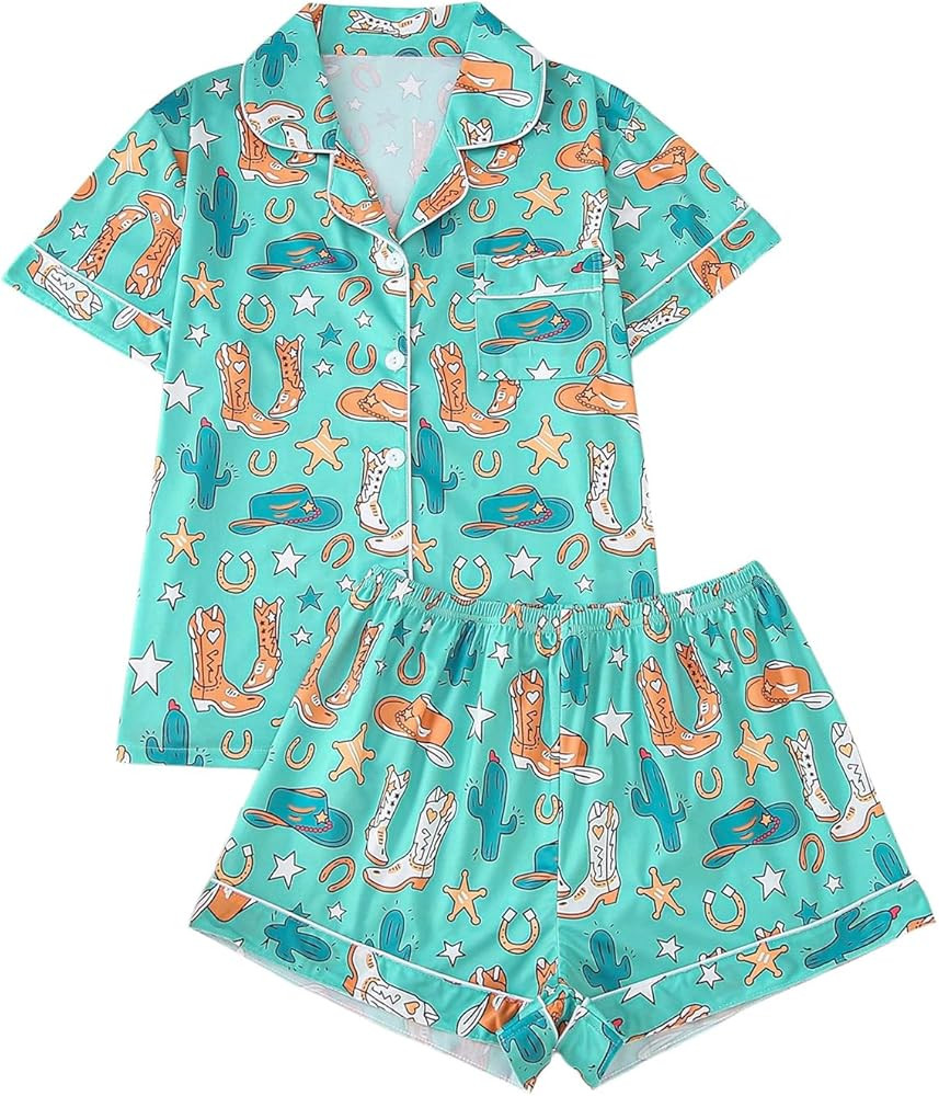 WDIRARA Women's 2 Piece Boots Graphic Pajama Set Pocket Patched Button Down Shirt with Shorts Sat... | Amazon (US)