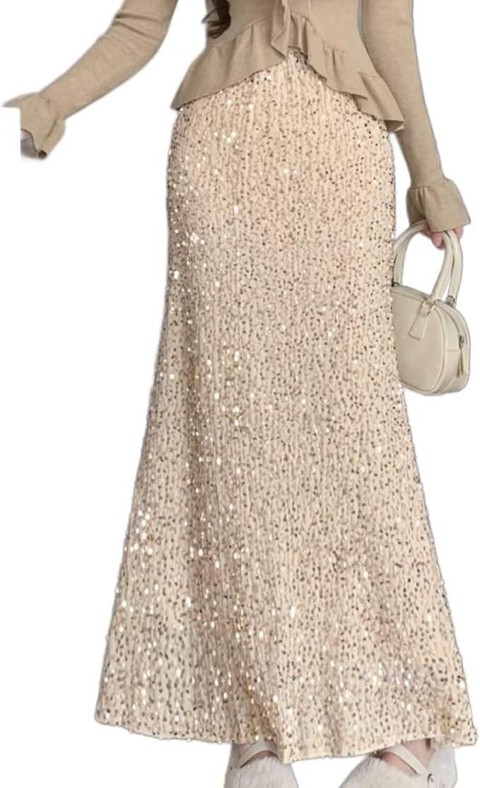 Women's Sequin Fishtail Mermaid Skirt Casual High Waist Shiny Long Maxi Skirts for Daily Cocktail... | Amazon (US)