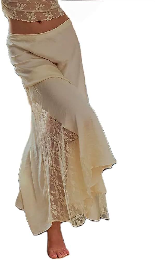 Women Y2k Floral Lace Skirt See Through Bodycon Maxi Skirt Irregular Low Rise Midi Skirt Beach St... | Amazon (US)