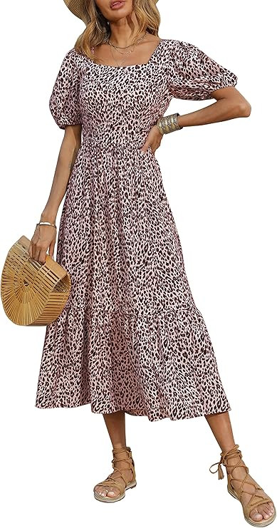 PRETTYGARDEN Women's Bohemian Dress Leopard Tie-Back Square Neck Puff Sleeve Ruffled Hem Summer M... | Amazon (US)