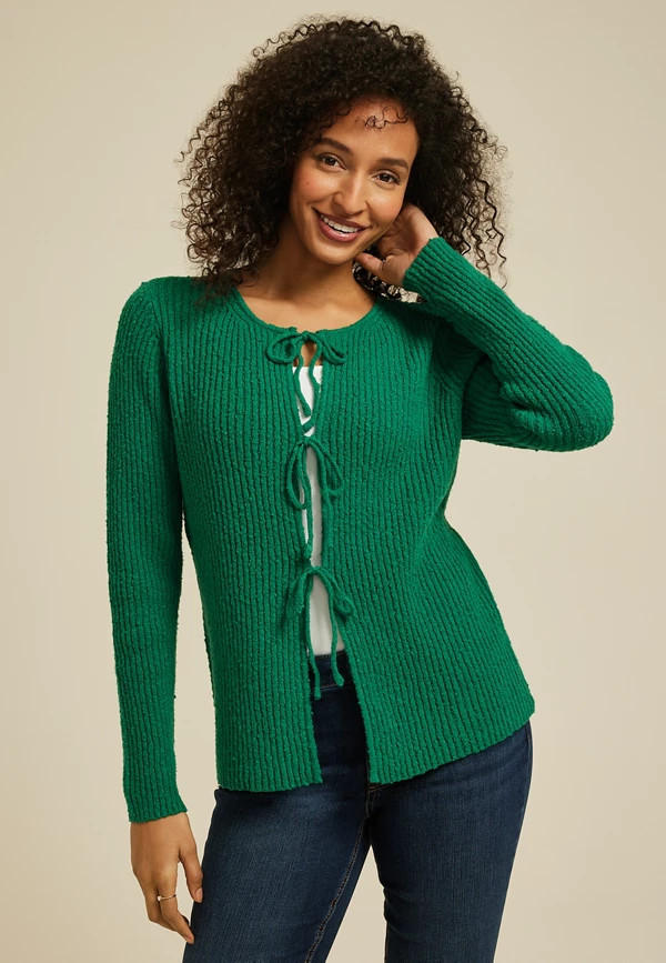 Tie Front Ribbed Cardigan | Maurices