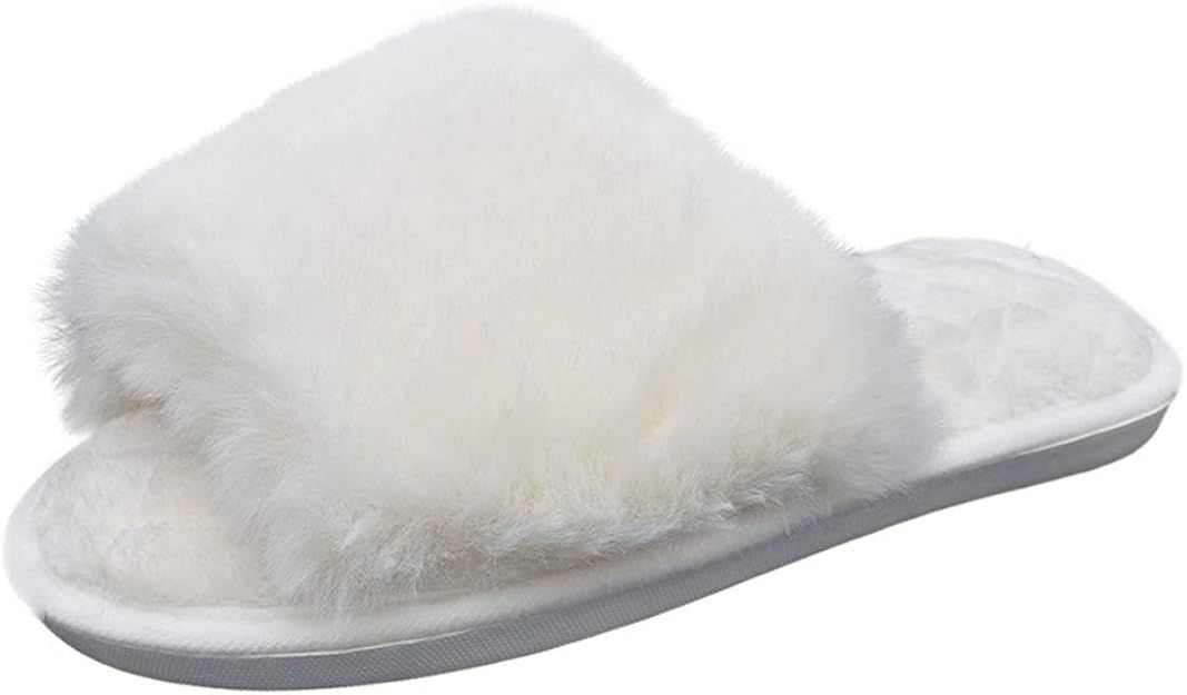 HUMIWA Women's Fuzzy Fur Flat Slippers Soft Open Toe House Slippers Memory Foam Sandals Slides Ho... | Amazon (US)