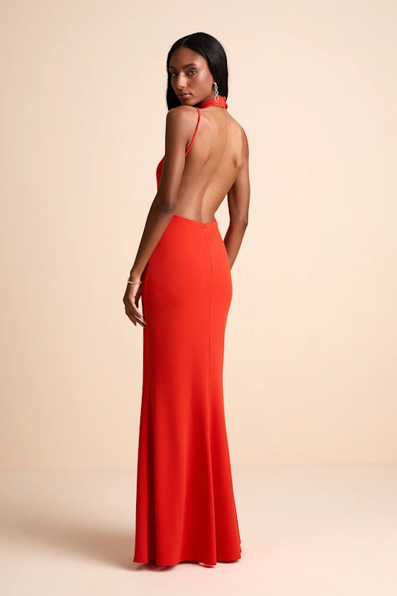 Damaris Bright Orange Mock Neck Backless Maxi Dress | Lulus