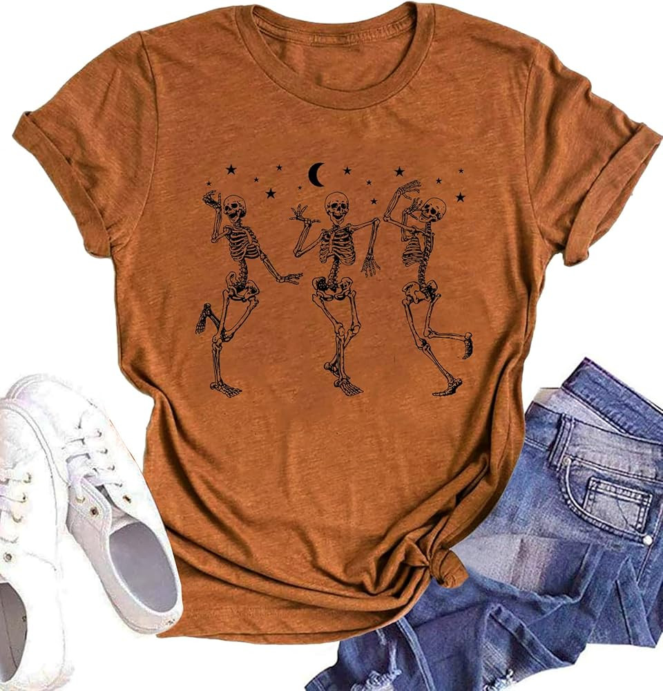 Dancing Skeleton Shirt for Women Happy Halloween T-Shirt Fall Skull Graphic Tees Tops Blouse Gift | Amazon (US)