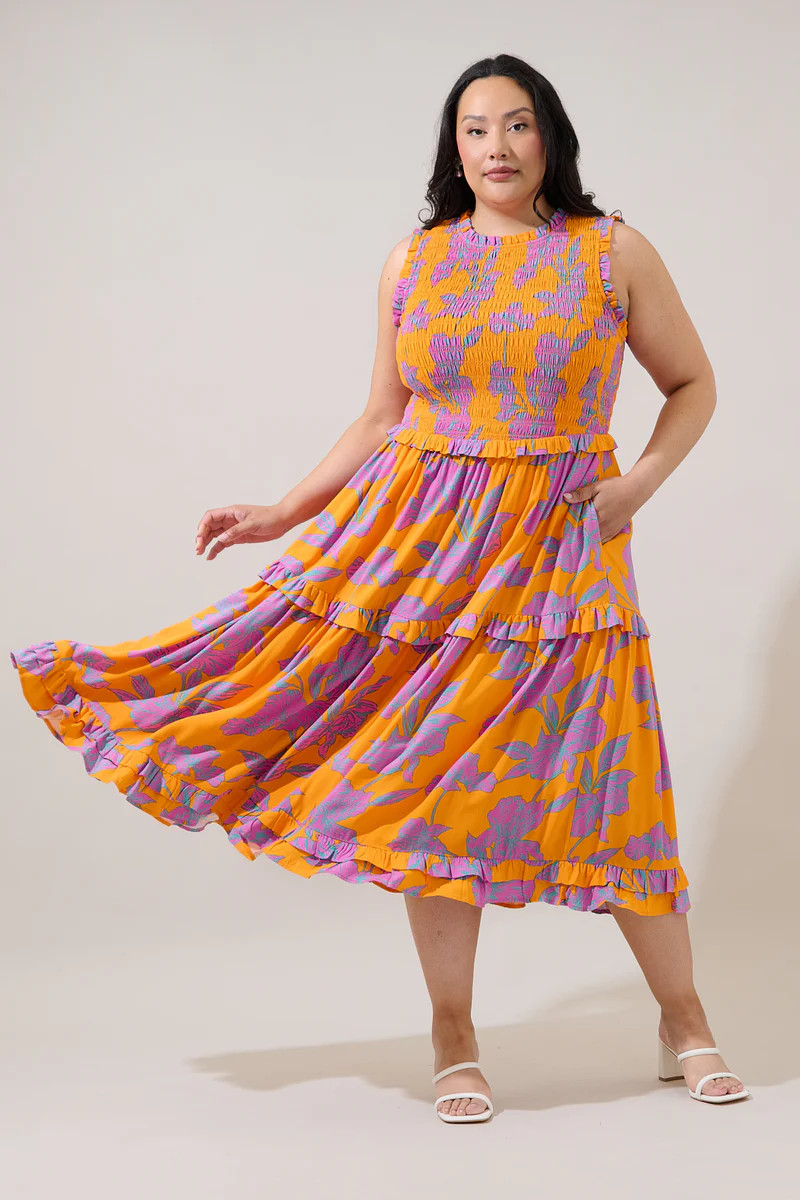 Kathia Smocked Midi Dress Floral Curve | Sugarlips