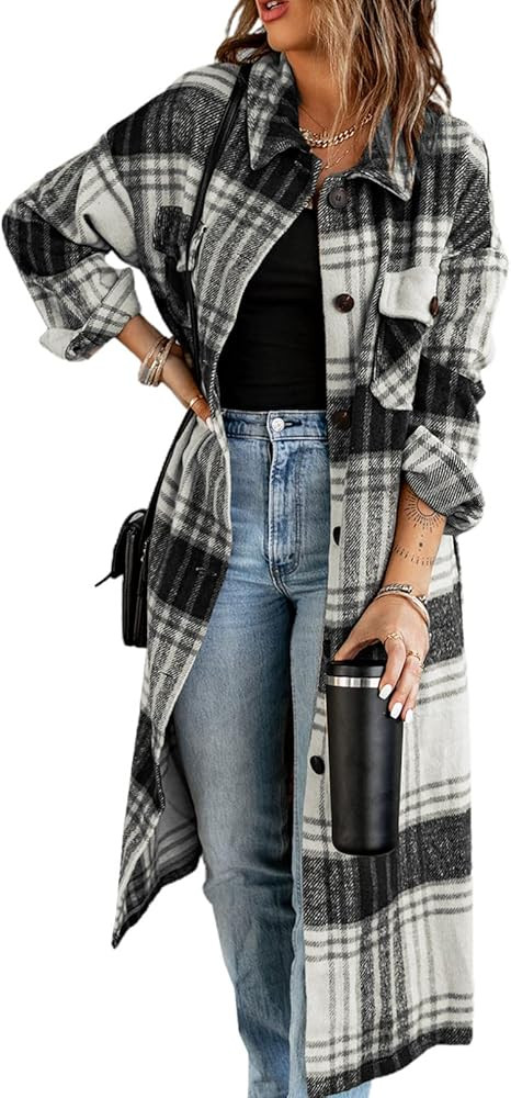 SHEWIN Women's Casual Lapel Button Down Long Plaid Shirts Coat Tartan Shacket Jacket | Amazon (US)