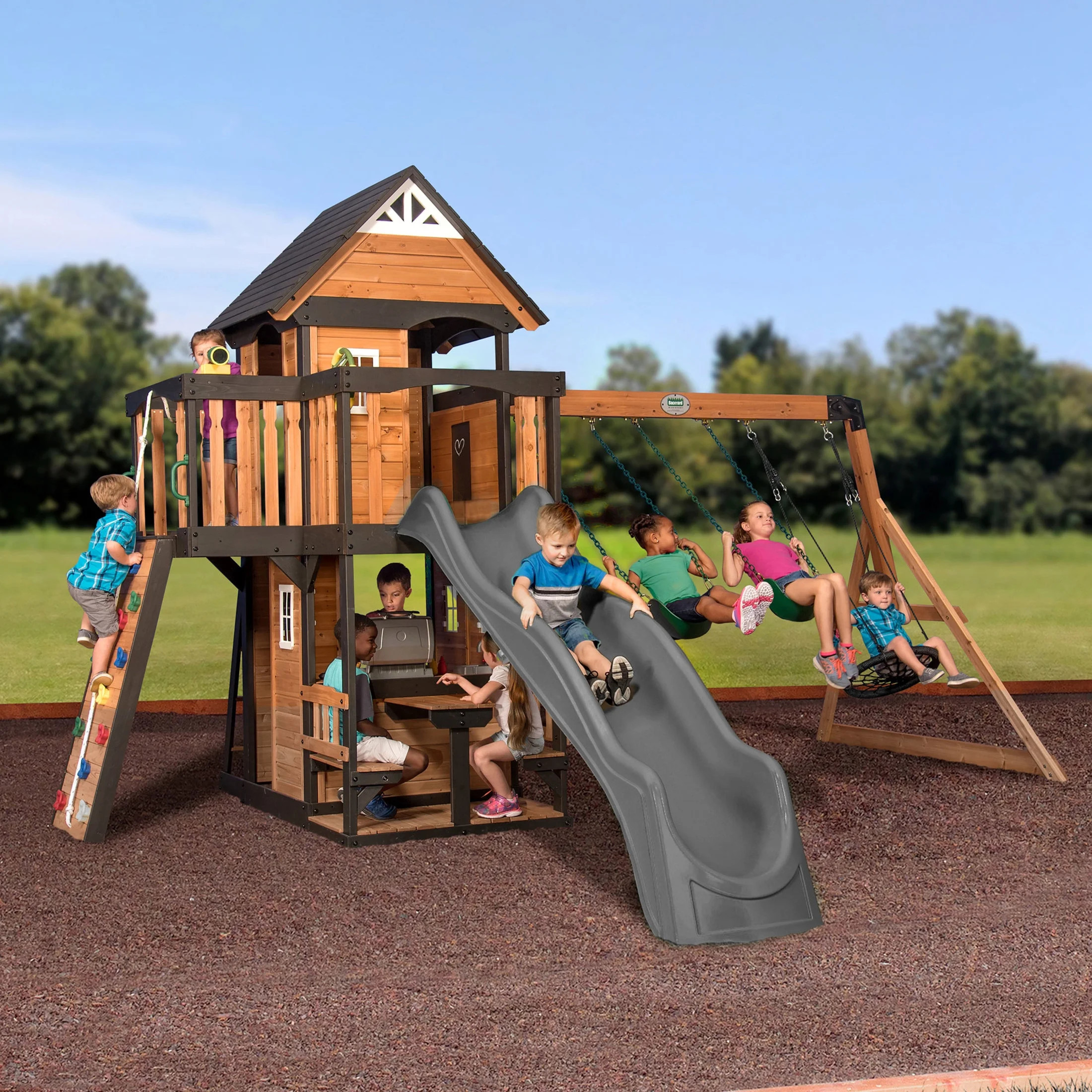 Backyard Discovery Canyon Creek Cedar Wood Swing Set, Slide, Clubhouse, Rock Wall | Walmart (US)