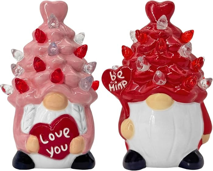 Valentines Day Decorations Pink&Red Lighted Up Ceramic Gnome Tree, Gnomes Figurines for Table Cen... | Amazon (US)