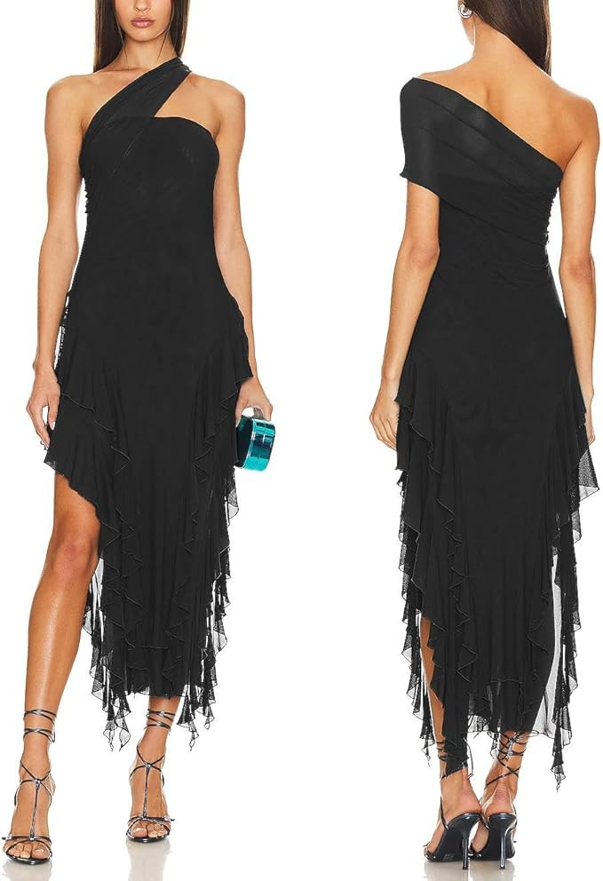 ALENDA DANMOS Womens Sexy Strapless One Shoulder Maxi Dress Irregular Split Mesh Ruffles Tassel H... | Amazon (US)