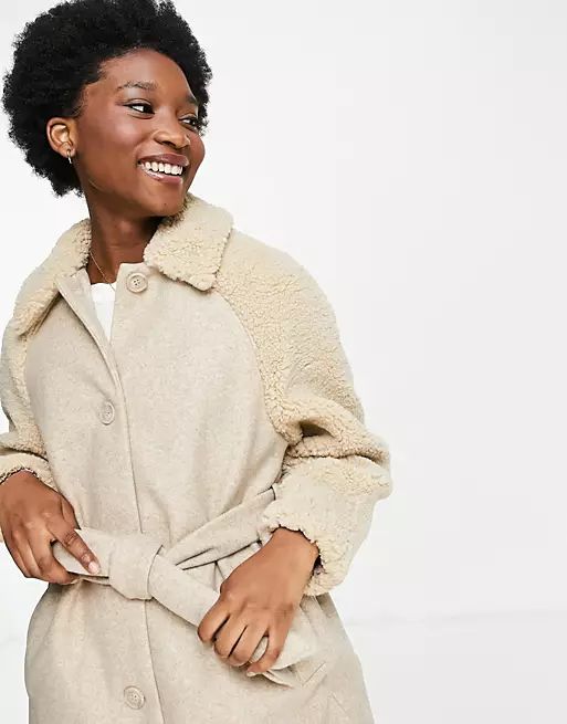 Pimkie longline wool coat with contrast borg sleeve detail in beige | ASOS (Global)