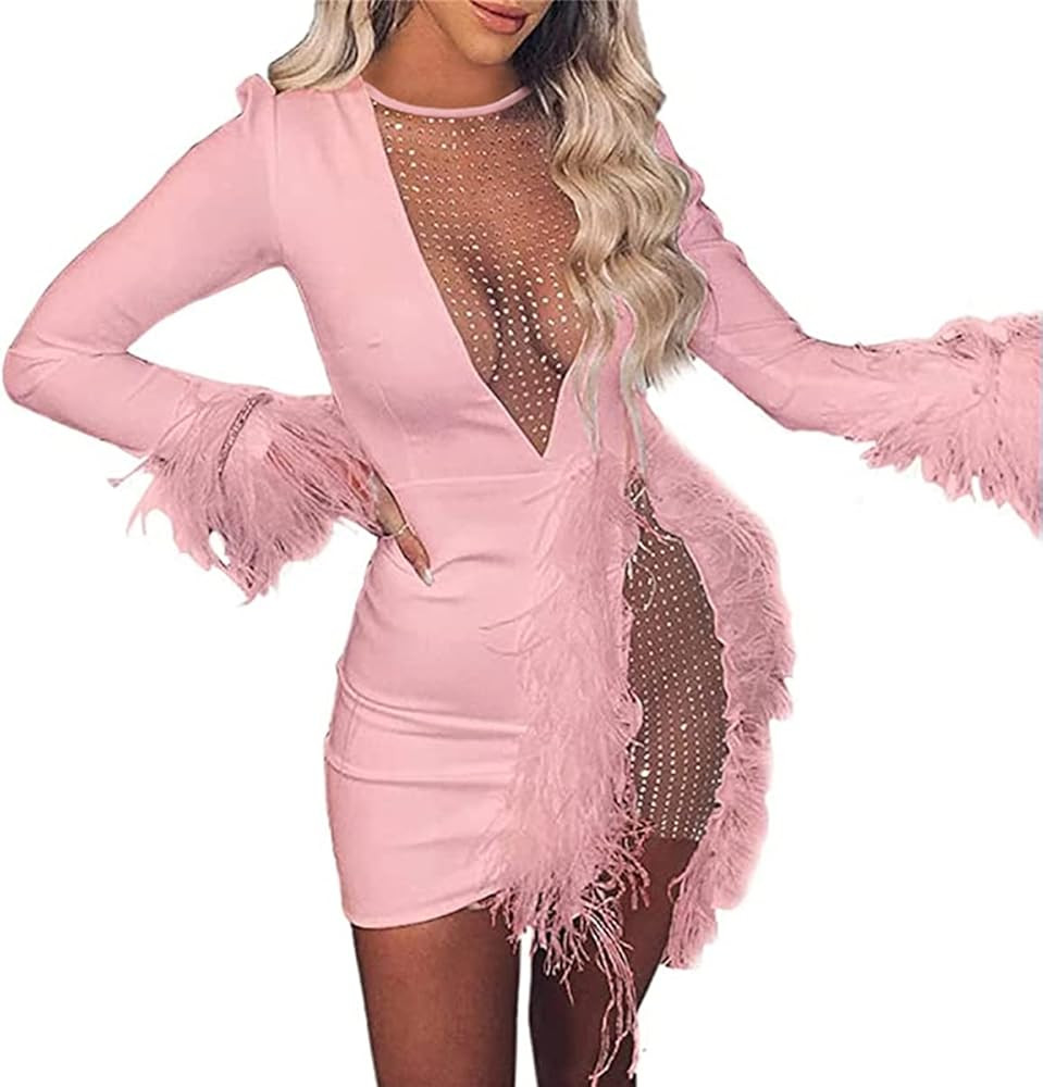 Nhicdns Women Sexy Club Dress Long Sleeve Deep V Neck Party Mini Dresses Feather Sequin Bodysuit | Amazon (US)