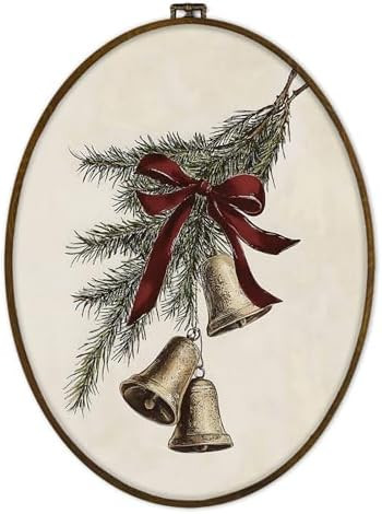 GWFSJYU Vintage Christmas Bell Framed Oval Wall Art Decor, Rustic Xmas Pine Red Bow Canvas Prints... | Amazon (US)