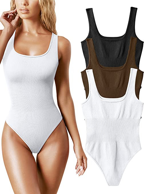 OQQ Women's 3 Piece Bodysuits Sexy Ribbed Sleeveless Square Neck Sleeveless Tank Tops Bodysuits | Amazon (US)