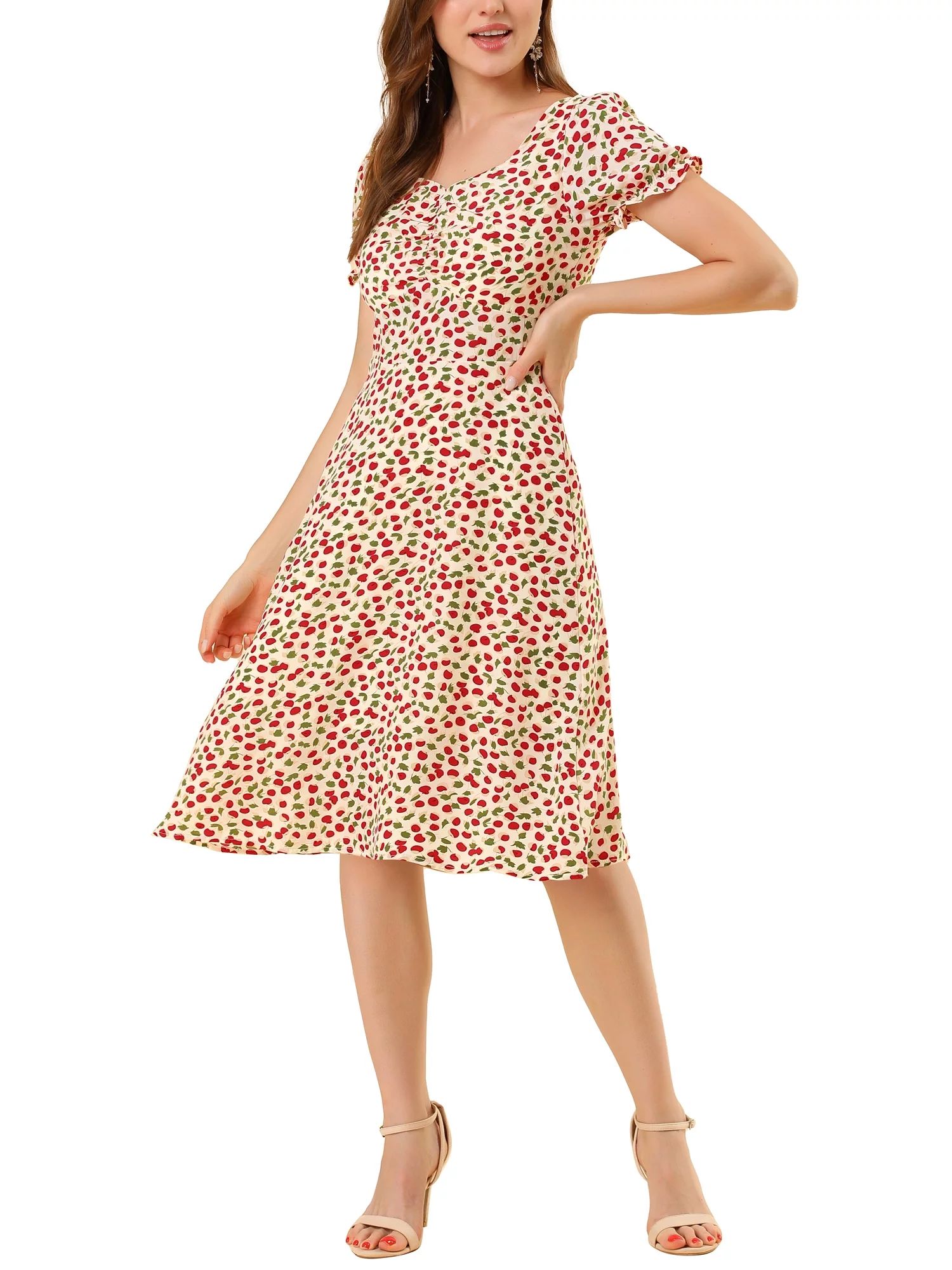 Allegra K Women's Print Casual Smock Short Sleeve Chiffon Fit and Flare Dress - Walmart.com | Walmart (US)