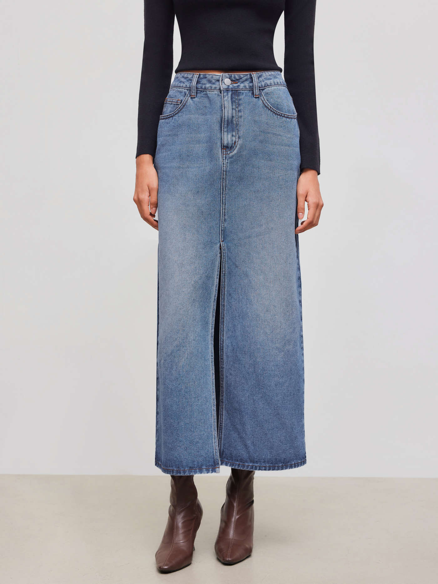 Cider Denim Mid Rise Solid Pocket Split Maxi Skirt | Cider
