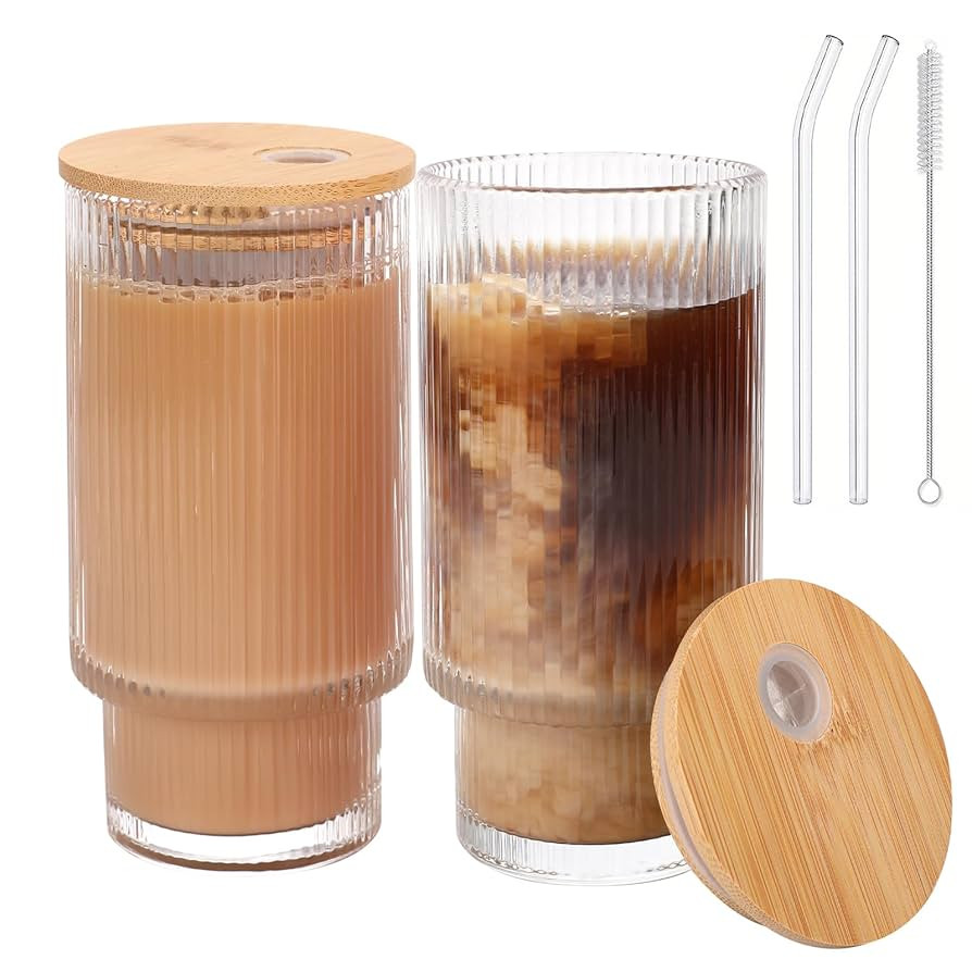 Glass Cups with Bamboo Lids and Straws - 16 oz Iced Coffee Cups, Vintage Ribbed Drinking Glasses,... | Amazon (US)
