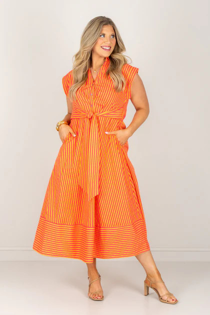 Emilia Hot Pink Striped Short Sleeve Midi Dress | The Willow Tree