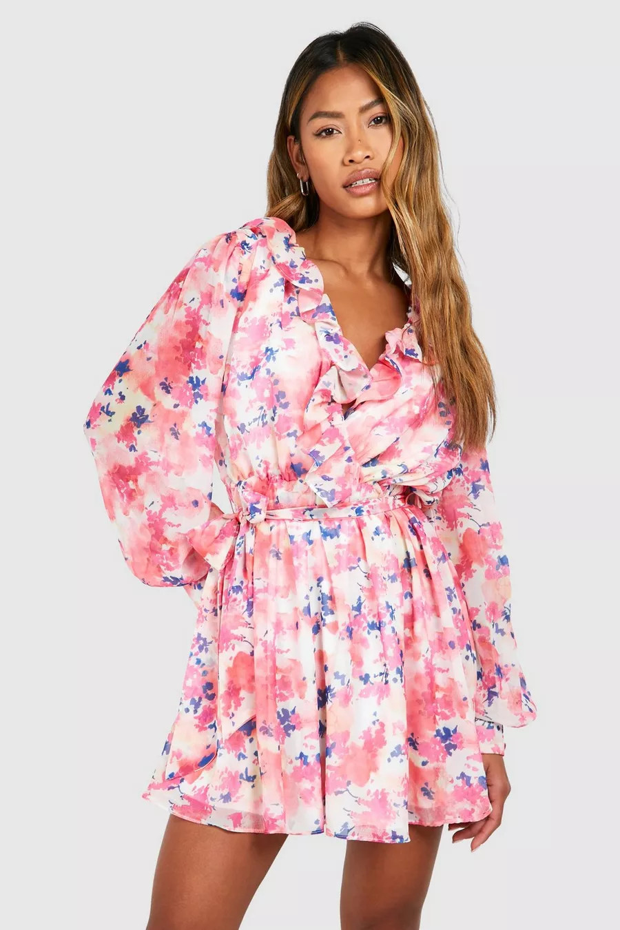 Floral Frill Detail Belted Skater Dress | Boohoo.com (UK & IE)