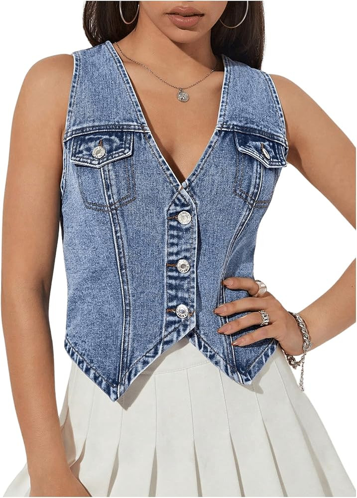 Verdusa Women's V Neck Asymmetrical Hem Sleeveless Button Front Denim Vest Top | Amazon (US)