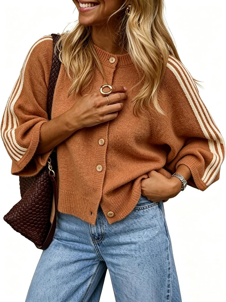 Daacee Women Striped Sleeve Cardigan Oversized Button Front Sweater | Amazon (US)