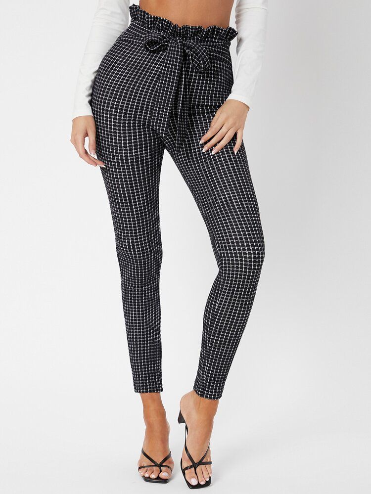 SHEIN Tall Paperbag Waist Belted Grid Pants | SHEIN