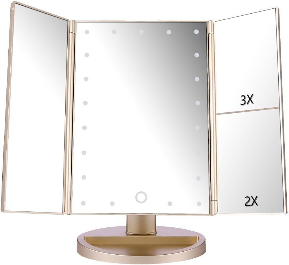 deweisn Floor Mount Tri-Fold Lighted Vanity Mirror with 21 LED Lights, Touch Screen and 3X/2X/1X ... | Amazon (US)