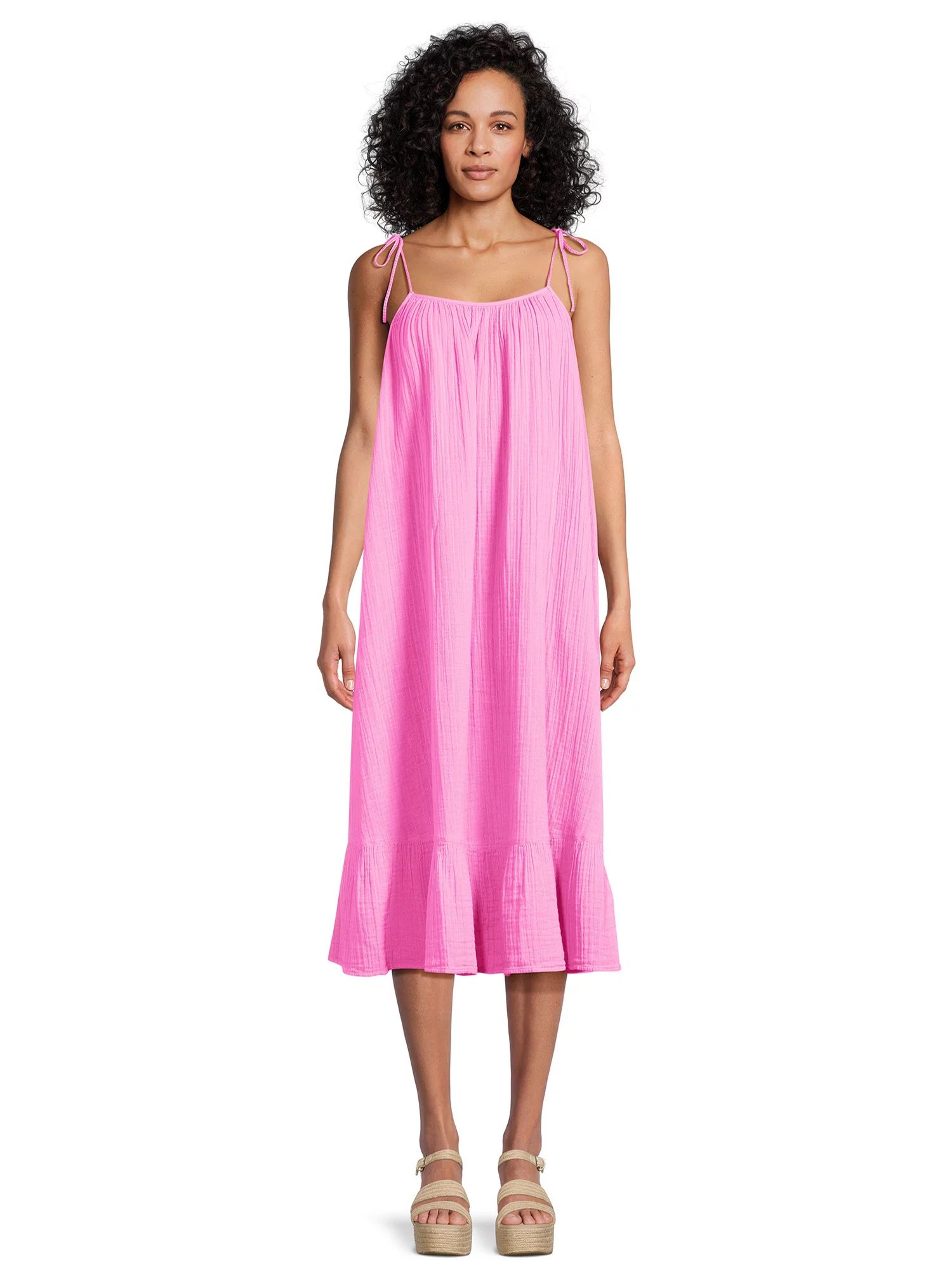 Time and Tru Women's Tie Shoulder Midi Dress, Sizes XS-XXXL - Walmart.com | Walmart (US)