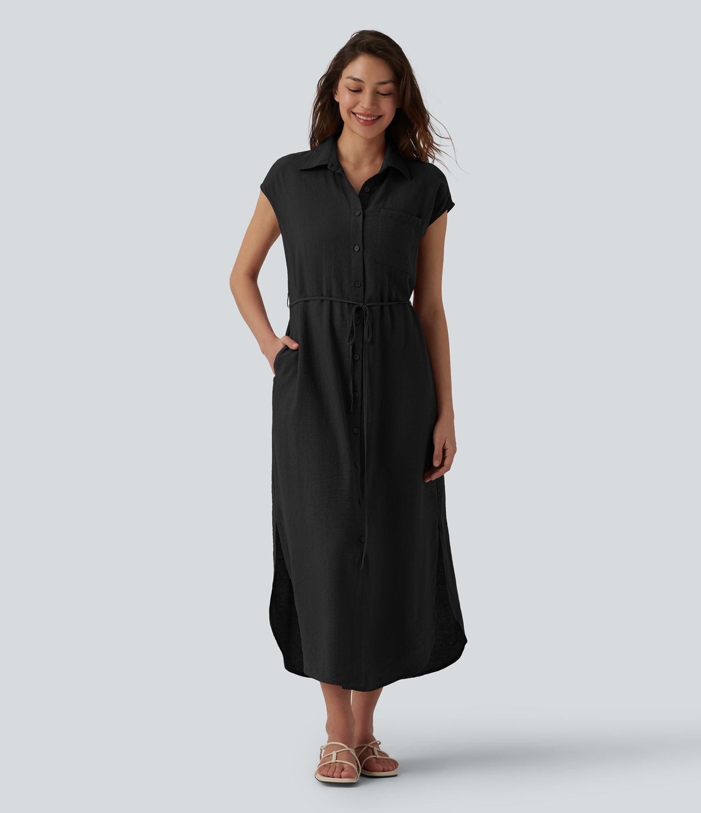 Collar Cap Sleeve Belted Curved Split Hem Midi Casual Shirt Dress with Pockets | HALARA