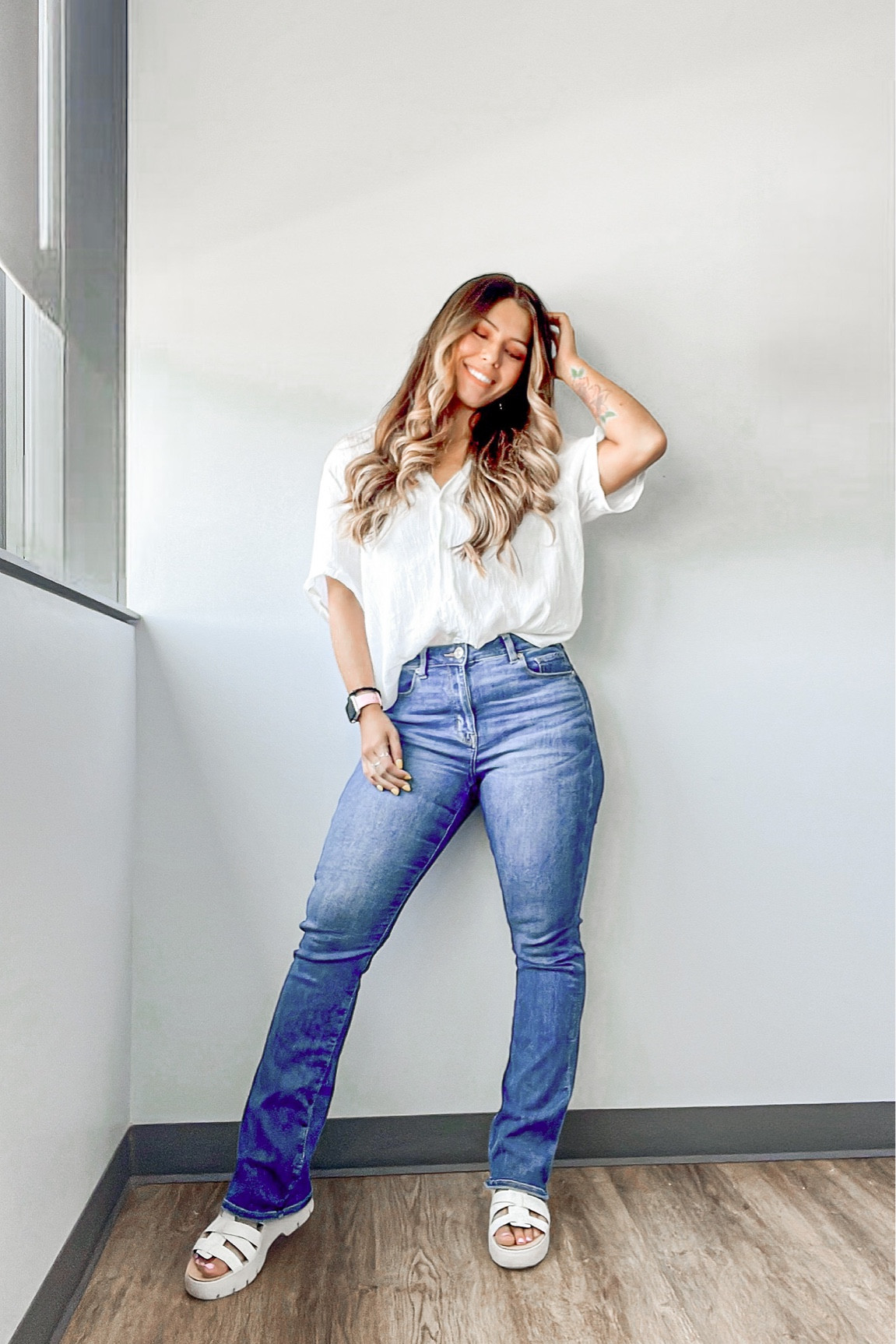 Blissfully happy 😊 
Also pretty sure these are the best sandals ever

White button up, linen top, flare jeans, American eagle jeans, high waisted jeans, fit and flare jeans, white sandals, white shoes, chunky sandals, chunky shoes, highlights

#LTKstyletip #LTKunder50 #LTKunder100