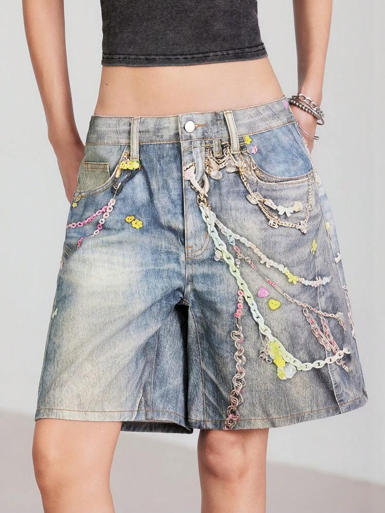 LYSMO Women's Summer Casual Washed Chain Printed Loose Denim Shorts | SHEIN