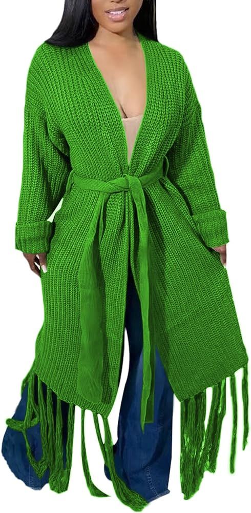 SHINFY Women's Tassel Cardigan Sweater Long Open Front Maxi Knit Sweaters Fringe Fall Long Coat | Amazon (US)