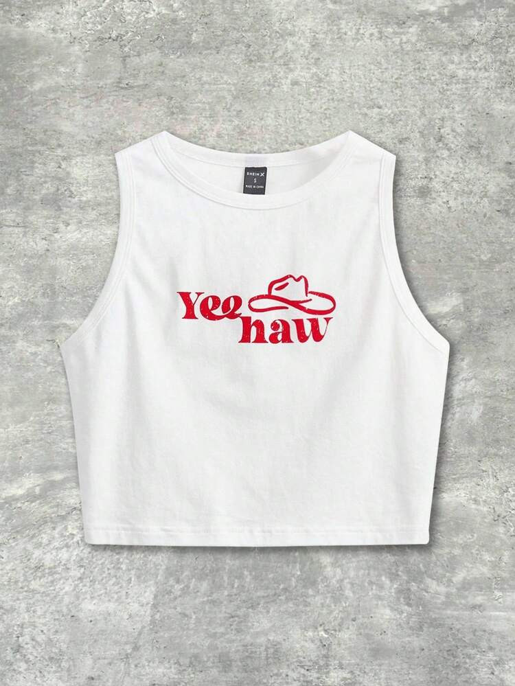 Y2Kool Morgan Mondays Co Artist Hat & Slogan Graphic Tank Top Yee Haw, For Summer, 95% Cotton, For Holiday, Vacation, Beach, Going Out, Festival, Ibiza Fits, Western Wear Autumn Matching Idea Casual Stylish Clothing Collection New Year Outfits | SHEIN