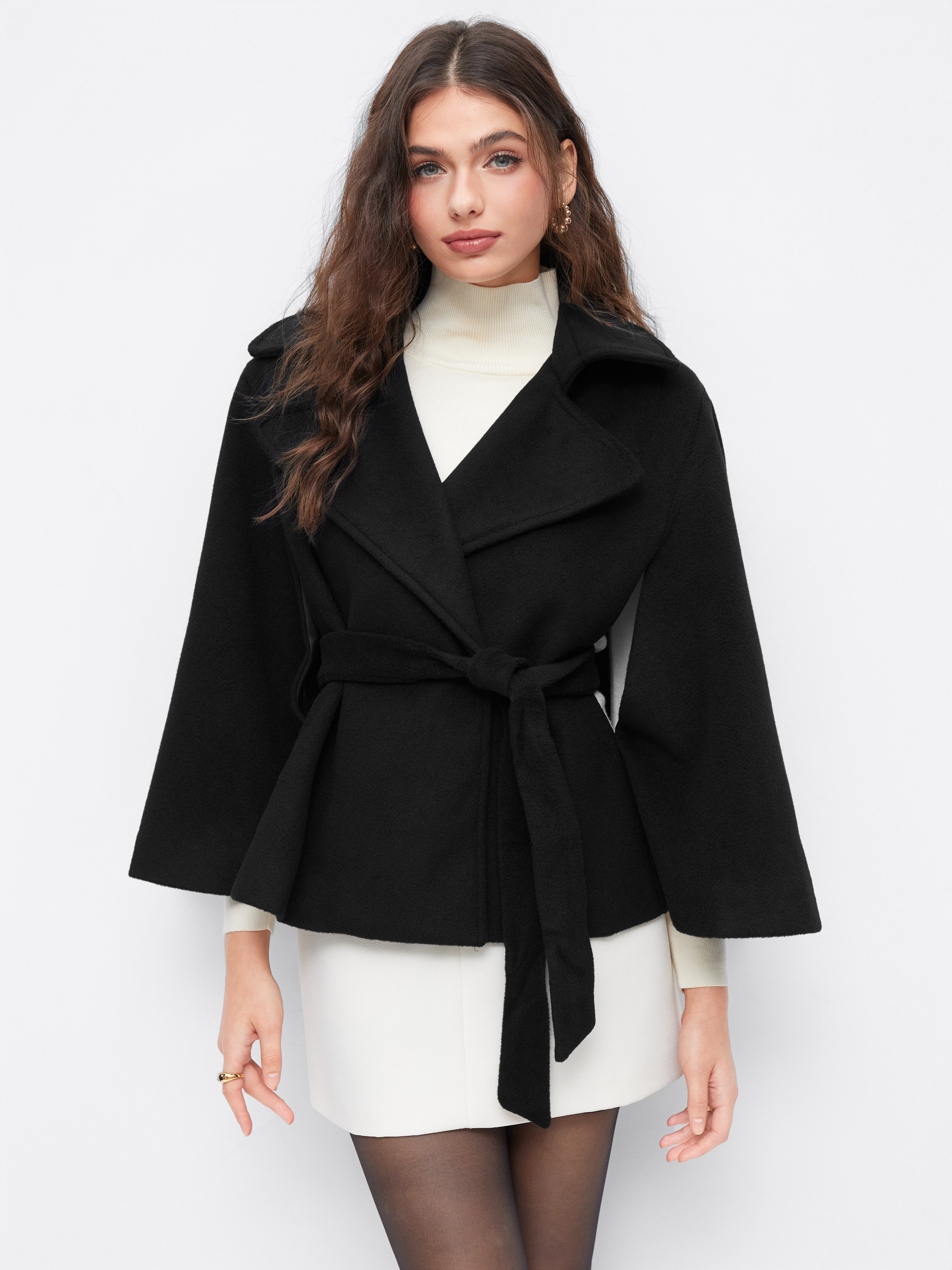 Holiday Dress Woven Wool-look Collar Button Cloak Sleeve Coat With Belt For Daily Casual | Cider