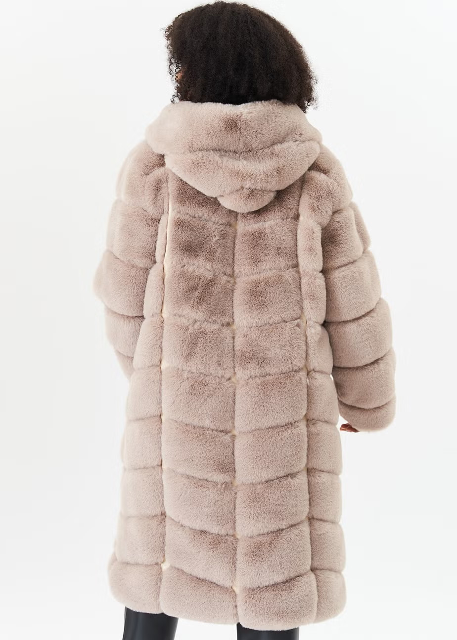 Gini London Stone Panelled Hooded Longline Fur Coat - Large/Extra Large | Matalan (UK)