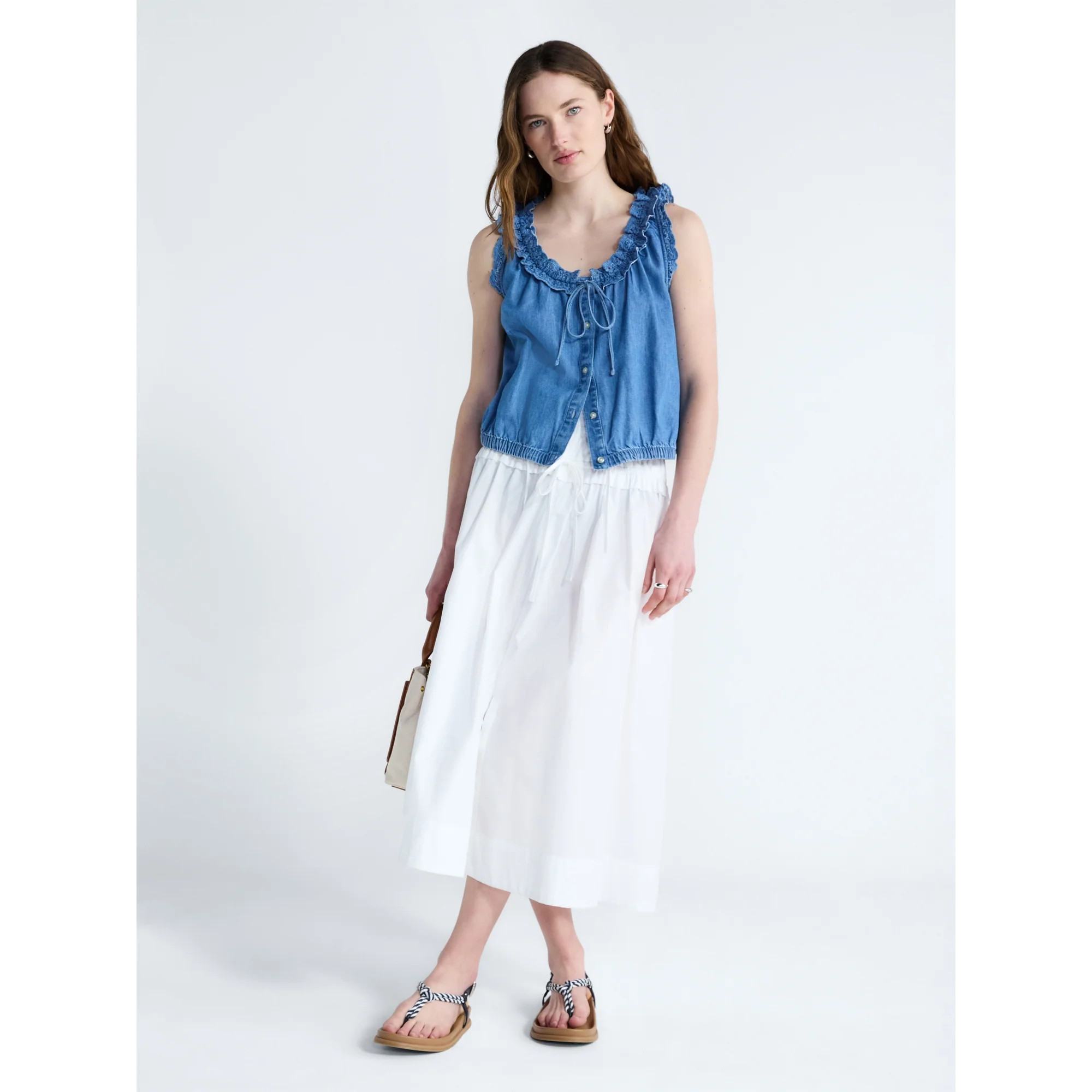 Free Assembly Eyelet Ruffle Sleeveless Chambray Top, Sizes XS-XL | Walmart (US)