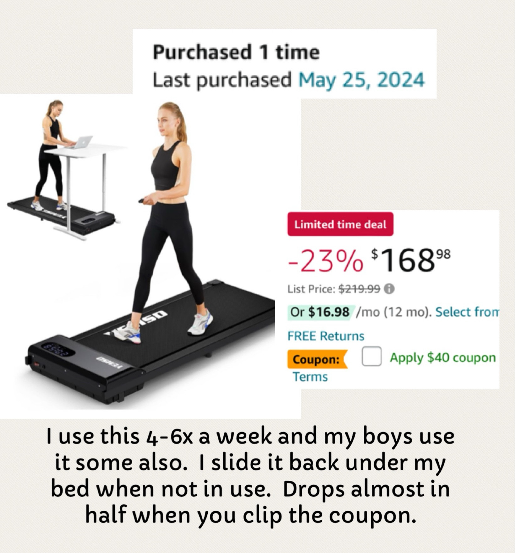 Walking pad
Fitness
Exercise 
Works with a standing desk
Slim enough to slide under my bed when not in use.
Price drops almost in half when you clip the coupon.
I have and love this one!
Fit mom
Daily walk

#LTKOver40 #LTKFitness #LTKActive