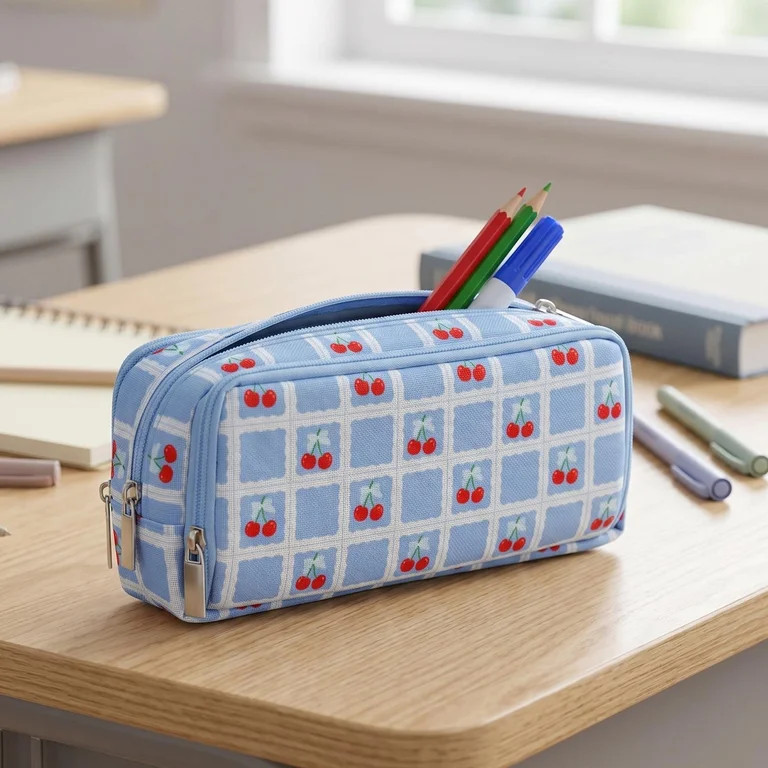 Pen+Gear 3-Zip Cherry Pencil Pouch, Blue and White | Walmart (US)