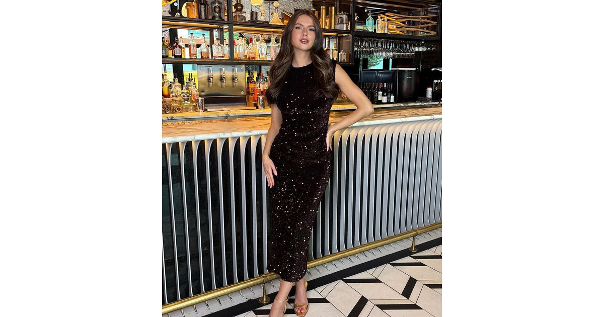 AX Paris Dark Brown Sequin Embellished Round Neck Midi Dress | New Look | New Look (UK)