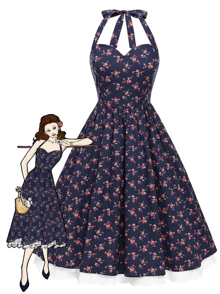 Blue 1950s Halter Lace Pure Cotton Floral Dress | Retro Stage