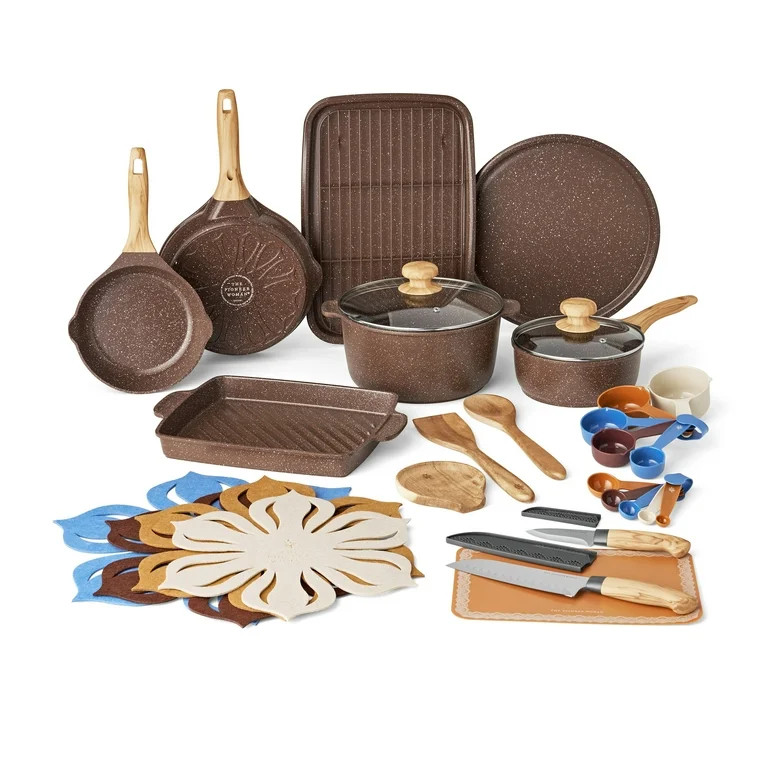 The Pioneer Woman 32-Piece Nonstick Cast Aluminum Cookware and Kitchen Utensil Set, Brown | Walmart (US)