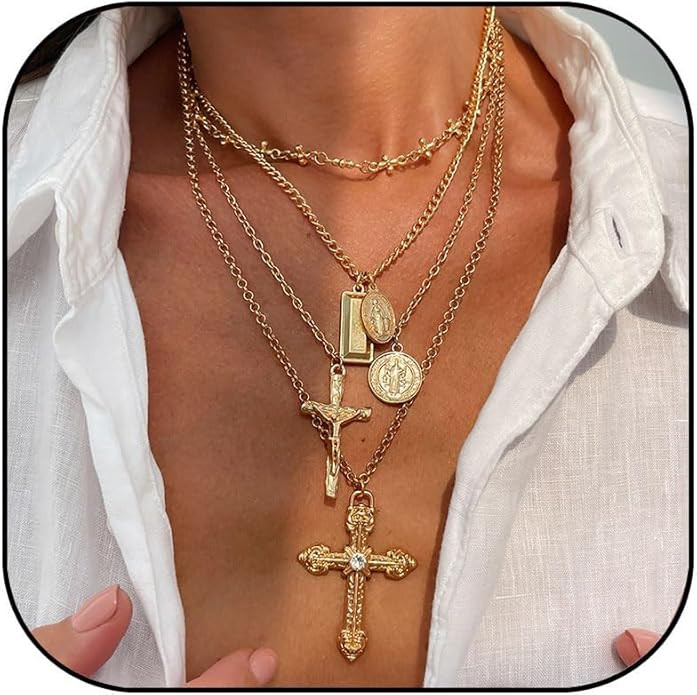 Layered Cross Necklace for Women Crucifix Virgin Mary Pendant Necklace Miraculous Saint Benedict ... | Amazon (US)