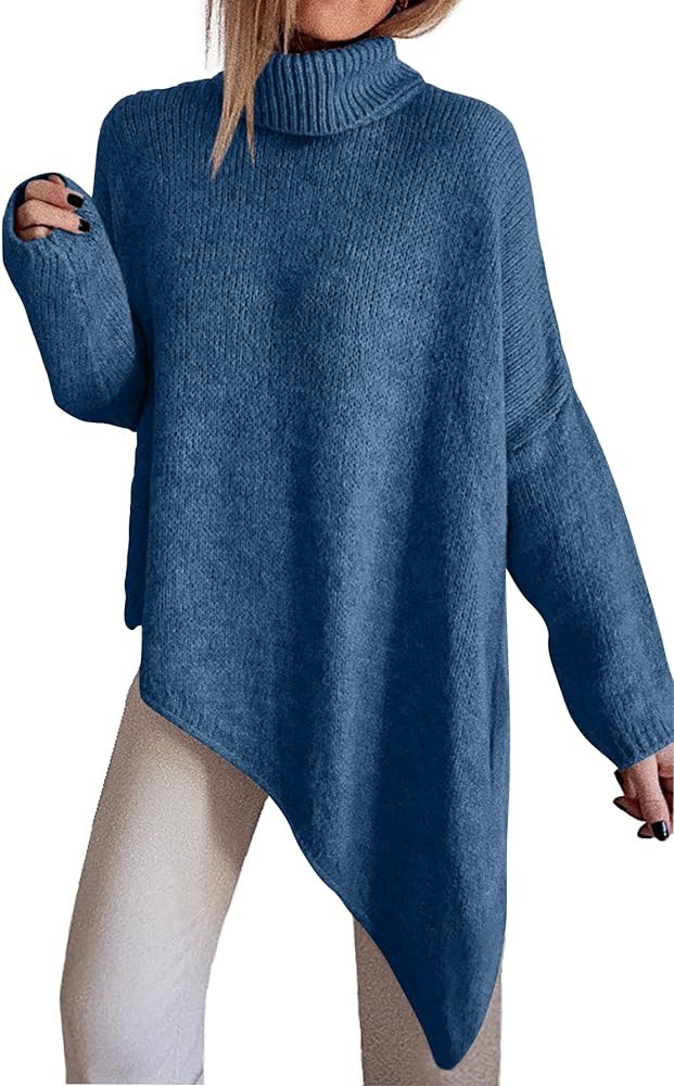 BTFBM Women Long Sleeve Turtleneck Knit Sweater Asymmetric Hem Oversized Fall Winter Sweaters Cas... | Amazon (US)