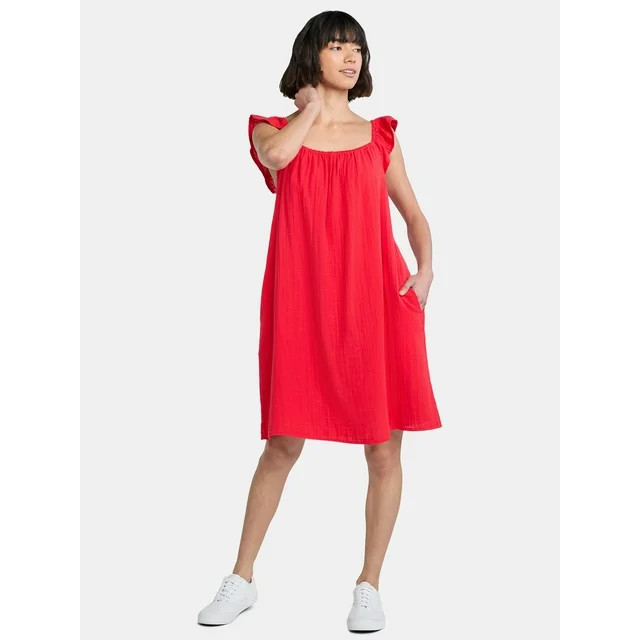 Time and Tru Women's Double Cloth Cotton Mini Dress with Flutter Sleeves, Sizes XS-XXXL | Walmart (US)