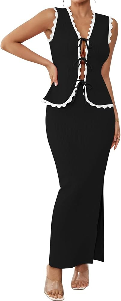 Pink Queen Women's 2 Piece Outfits Sleeveless V-Neck Crop Top High Waisted Bodycon Maxi Skirt Set... | Amazon (US)