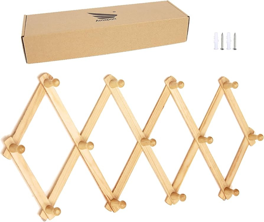 AMAPON Accordion Style Expandable Wall Wooden Coat Rack 13 Hooks (Pegs) Hang Hats Jackets Coffee ... | Amazon (US)