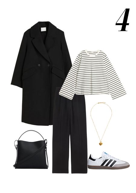 A striped long sleeve t-shirt styled with tailored black trousers, adidas samba trainers, black wool coat, black shopper and gold heart necklace

#LTKfindsunder50 #LTKstyletip #LTKfindsunder100
